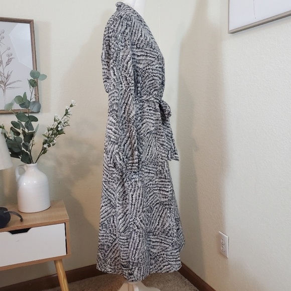 A New Day Black + White Wrap Midi Dress with Adjustable Tie Belt - Picture 4 of 12